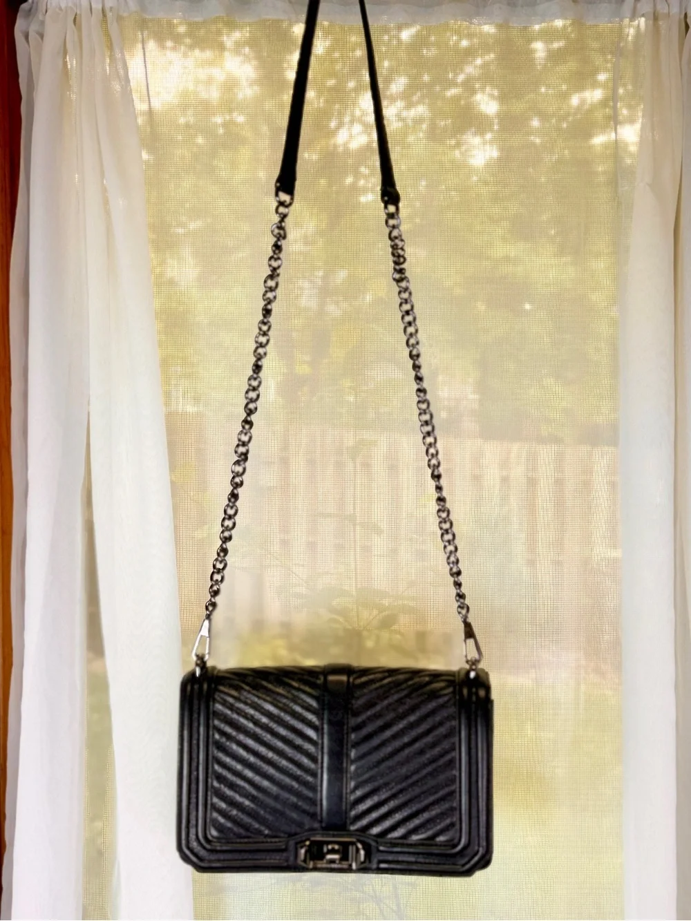 Rebecca Minkoff Love Black Chevron Leather Crossbody Gun Metal HW Like New